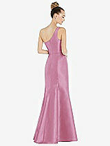 Rear View Thumbnail - Powder Pink Draped One-Shoulder Satin Trumpet Gown with Front Slit