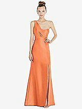 Front View Thumbnail - Portofino Orange Draped One-Shoulder Satin Trumpet Gown with Front Slit