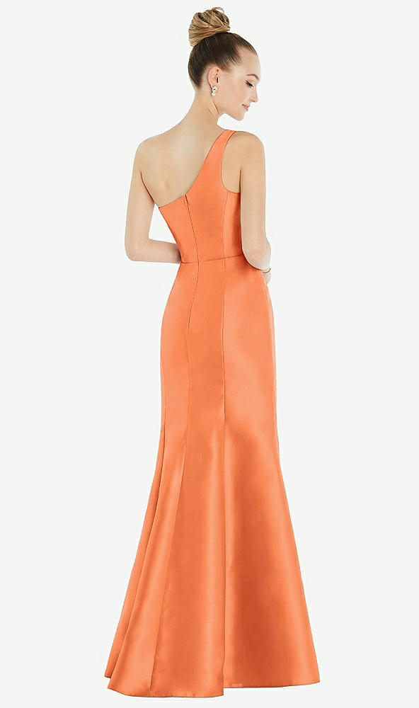 Back View - Portofino Orange Draped One-Shoulder Satin Trumpet Gown with Front Slit