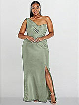 Alt View 1 Thumbnail - Sage Draped One-Shoulder Satin Trumpet Gown with Front Slit