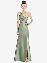 Front View Thumbnail - Sage Draped One-Shoulder Satin Trumpet Gown with Front Slit