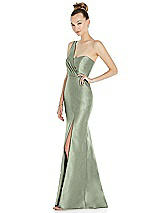 Side View Thumbnail - Sage Draped One-Shoulder Satin Trumpet Gown with Front Slit