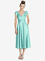 Front View Thumbnail - Coastal Cap Sleeve Faux Wrap Satin Midi Dress with Pockets