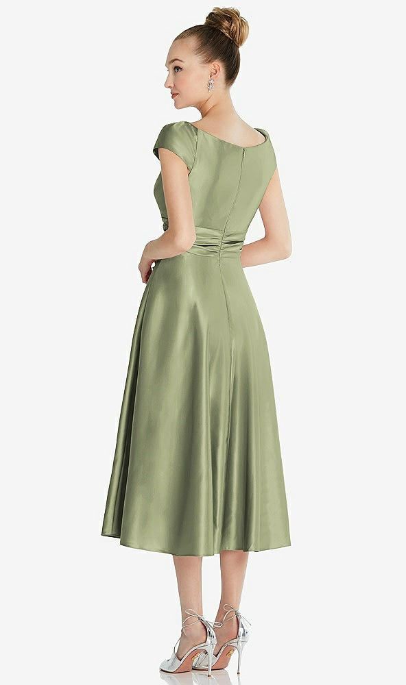 Back View - Kiwi Cap Sleeve Faux Wrap Satin Midi Dress with Pockets