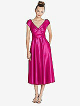 Front View Thumbnail - Think Pink Cap Sleeve Faux Wrap Satin Midi Dress with Pockets