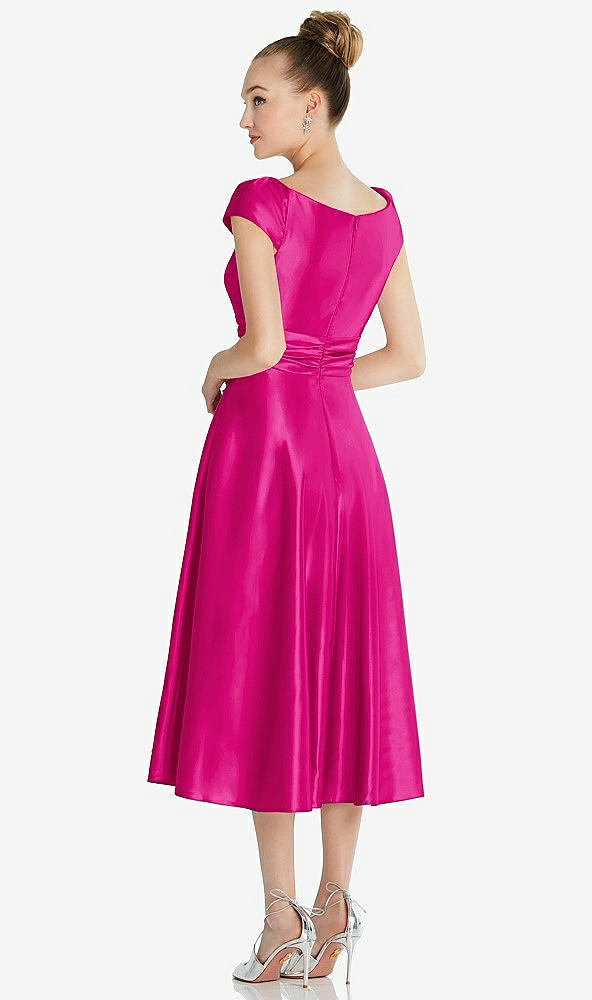 Back View - Think Pink Cap Sleeve Faux Wrap Satin Midi Dress with Pockets