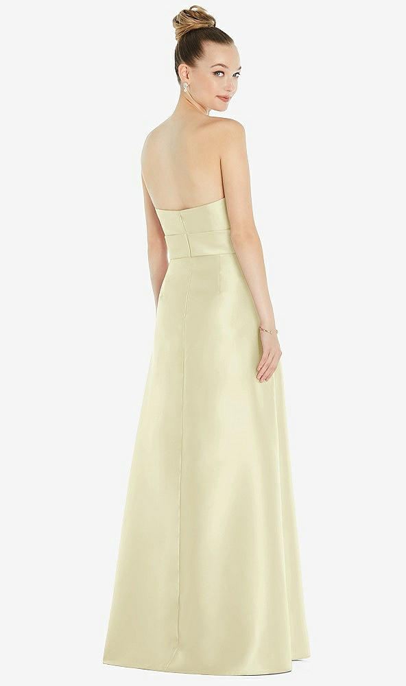 Back View - Butter Yellow Basque-Neck Strapless Satin Gown with Mini Sash