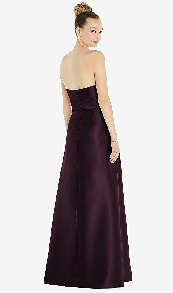 Back View - Deep Plum Basque-Neck Strapless Satin Gown with Mini Sash