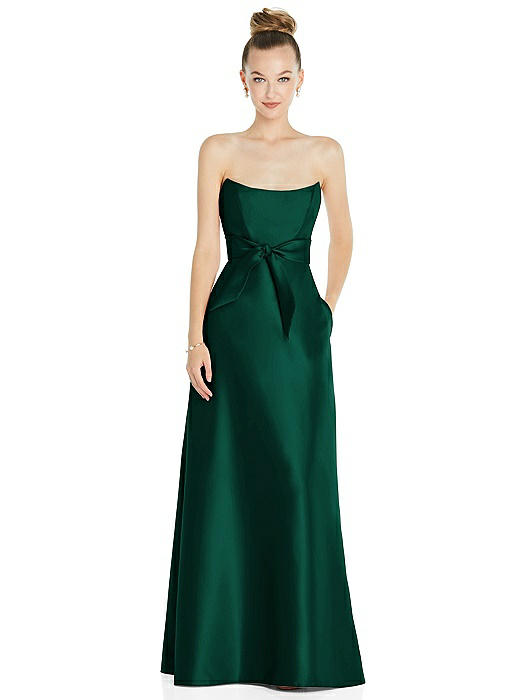 Basque-Neck Strapless Satin Gown with Mini Sash
