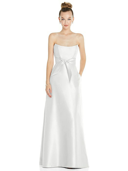 Basque-Neck Strapless Satin Gown with Mini Sash