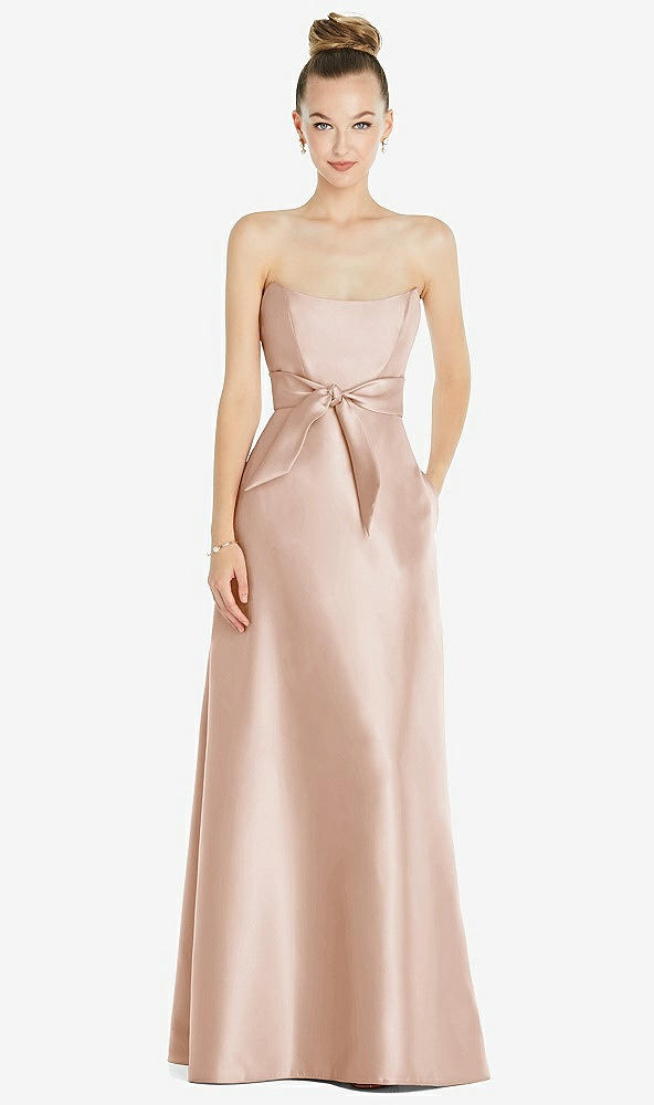 Front View - Cameo Basque-Neck Strapless Satin Gown with Mini Sash