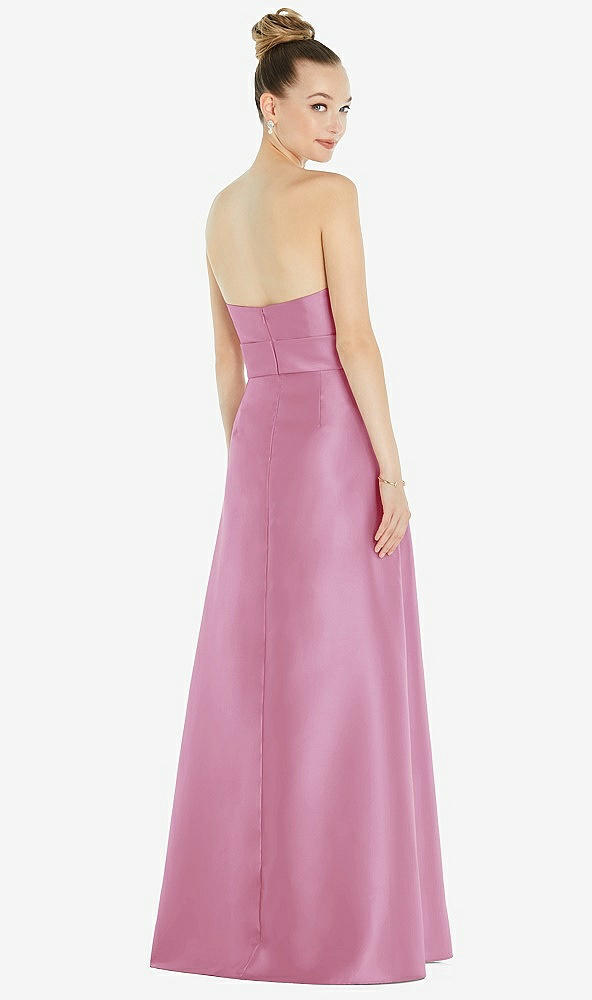 Back View - Powder Pink Basque-Neck Strapless Satin Gown with Mini Sash