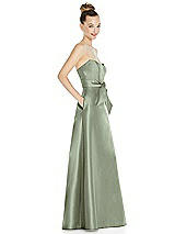 Side View Thumbnail - Sage Basque-Neck Strapless Satin Gown with Mini Sash