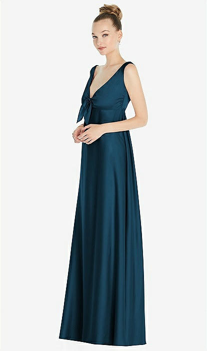 Convertible Strap Empire Waist Satin Maxi Bridesmaid Dress In Atlantic Blue  | The Dessy Group