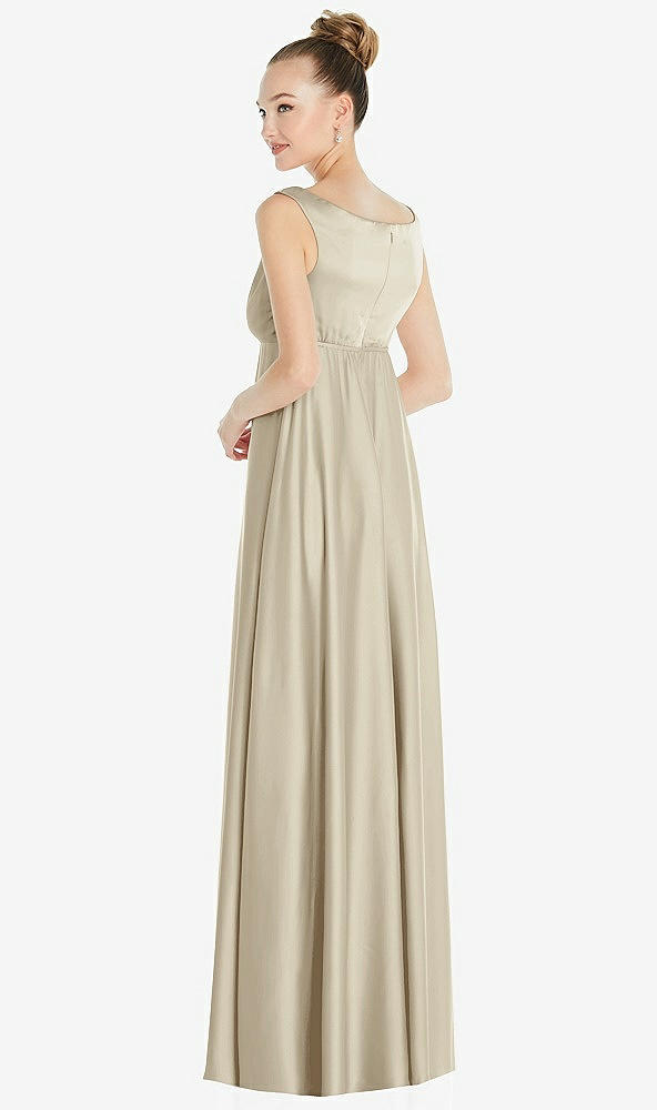 Back View - Champagne Convertible Strap Empire Waist Satin Maxi Dress