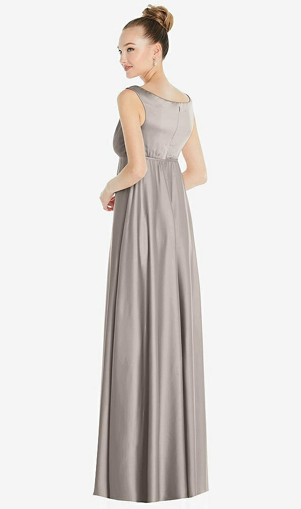 Back View - Taupe Convertible Strap Empire Waist Satin Maxi Dress
