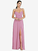 Front View Thumbnail - Powder Pink Adjustable Strap Wrap Bodice Maxi Dress with Front Slit 