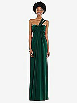 Alt View 7 Thumbnail - Hunter Green Draped Satin Grecian Column Gown with Convertible Straps