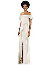 Side View Thumbnail - Ivory Straight-Neck Ruffled Off-the-Shoulder Satin Maxi Dress