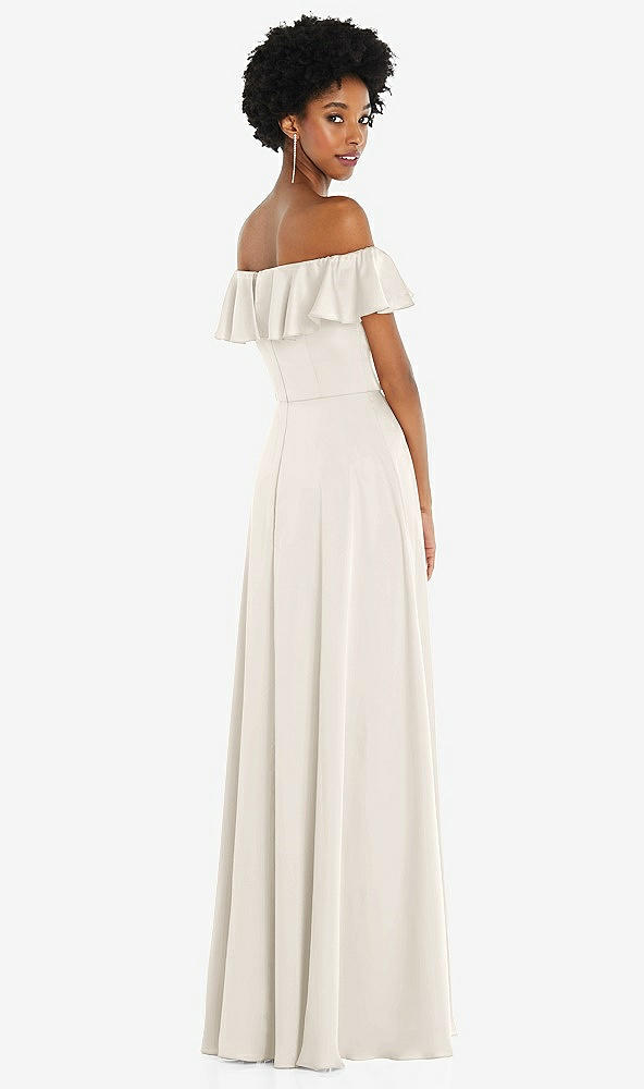 Back View - Ivory Straight-Neck Ruffled Off-the-Shoulder Satin Maxi Dress