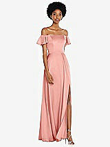 Front View Thumbnail - Rose Straight-Neck Ruffled Off-the-Shoulder Satin Maxi Dress