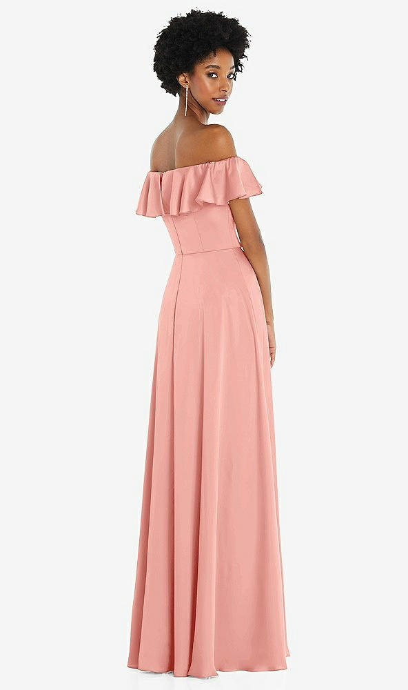 Back View - Rose Straight-Neck Ruffled Off-the-Shoulder Satin Maxi Dress