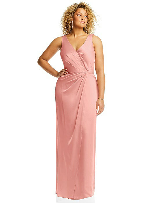 Faux Wrap Whisper Satin Maxi Dress with Draped Tulip Skirt