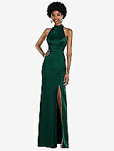 Rear View Thumbnail - Hunter Green High Neck Backless Maxi Dress with Slim Belt
