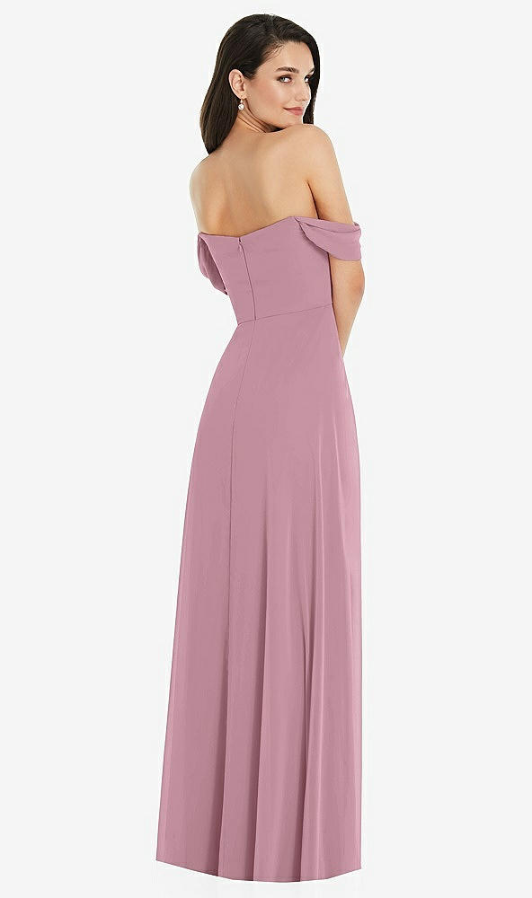 Back View - Dusty Pink Off-the-Shoulder Draped Sleeve Maxi Dress with Front Slit