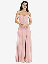 Front View Thumbnail - Rose Off-the-Shoulder Draped Sleeve Maxi Dress with Front Slit