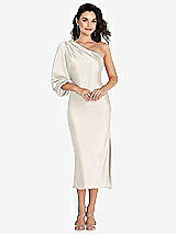 Front View Thumbnail - Ivory One-Shoulder Puff Sleeve Midi Bias Dress with Side Slit
