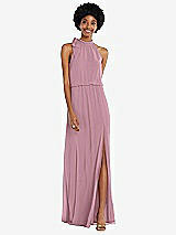 Front View Thumbnail - Dusty Pink Scarf Tie High Neck Blouson Bodice Maxi Dress with Front Slit