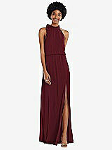 Front View Thumbnail - Cabernet Scarf Tie High Neck Blouson Bodice Maxi Dress with Front Slit
