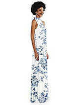 Side View Thumbnail - Cottage Rose Dusk Blue Scarf Tie High Neck Blouson Bodice Maxi Dress with Front Slit
