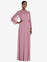 Front View Thumbnail - Dusty Pink Strapless Chiffon Maxi Dress with Puff Sleeve Blouson Overlay
