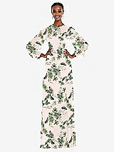 Alt View 1 Thumbnail - Palm Beach Print Strapless Chiffon Maxi Dress with Puff Sleeve Blouson Overlay