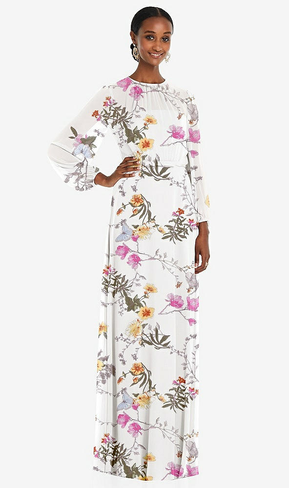 Front View - Butterfly Botanica Ivory Strapless Chiffon Maxi Dress with Puff Sleeve Blouson Overlay