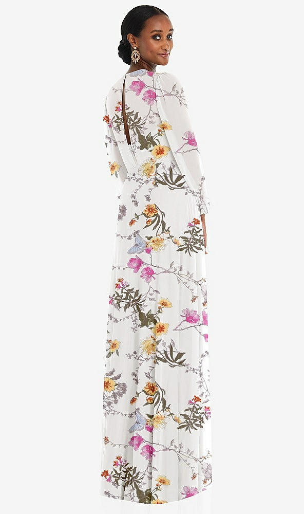 Back View - Butterfly Botanica Ivory Strapless Chiffon Maxi Dress with Puff Sleeve Blouson Overlay