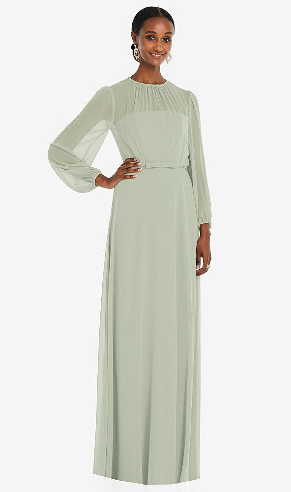 Front View - Celadon Strapless Chiffon Maxi Dress with Puff Sleeve Blouson Overlay