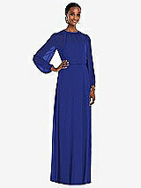 Front View Thumbnail - Cobalt Blue Strapless Chiffon Maxi Dress with Puff Sleeve Blouson Overlay