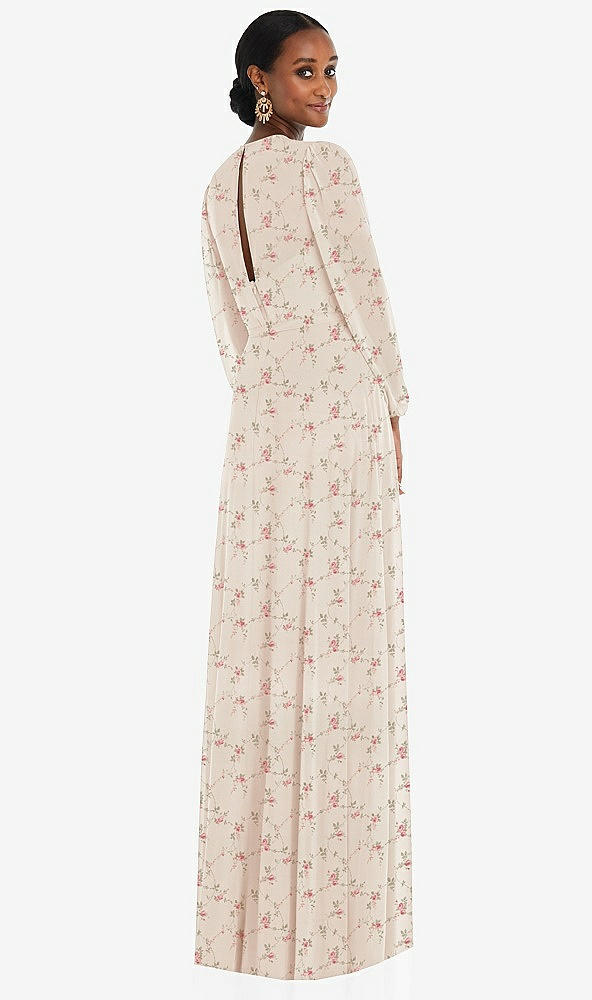 Back View - Coquette Floral Print Strapless Chiffon Maxi Dress with Puff Sleeve Blouson Overlay
