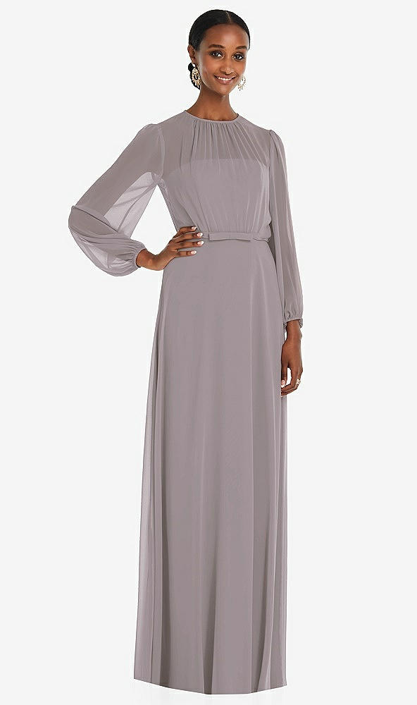 Front View - Cashmere Gray Strapless Chiffon Maxi Dress with Puff Sleeve Blouson Overlay
