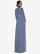 Rear View Thumbnail - Larkspur Blue Strapless Chiffon Maxi Dress with Puff Sleeve Blouson Overlay