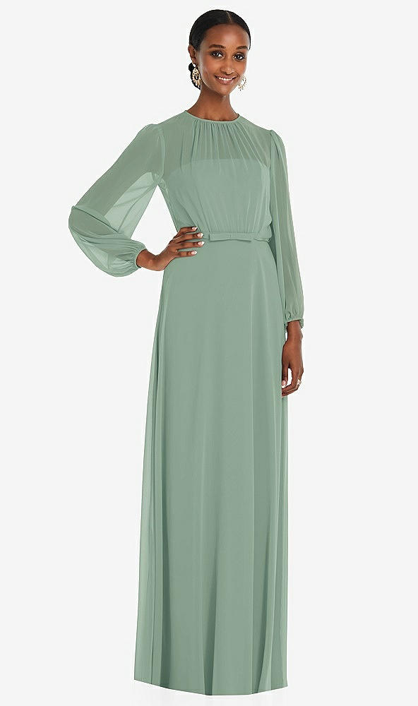 Front View - Seagrass Strapless Chiffon Maxi Dress with Puff Sleeve Blouson Overlay
