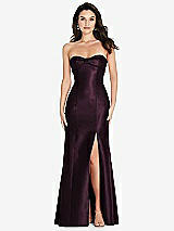 Front View Thumbnail - Deep Plum Bow Cuff Strapless Princess Waist Trumpet Gown