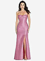 Front View Thumbnail - Powder Pink Bow Cuff Strapless Princess Waist Trumpet Gown