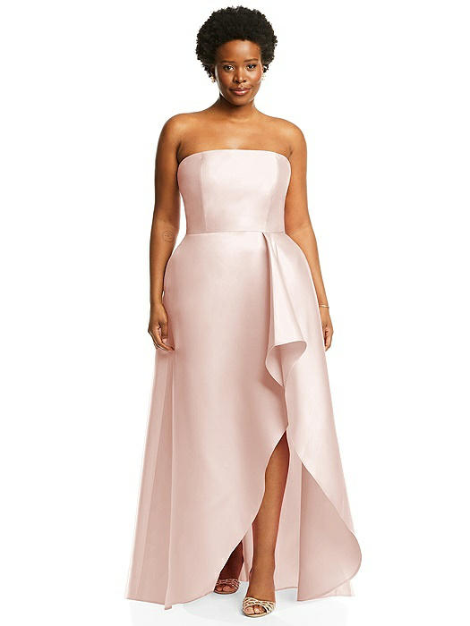 Strapless Satin Gown with Draped Front Slit and Pockets