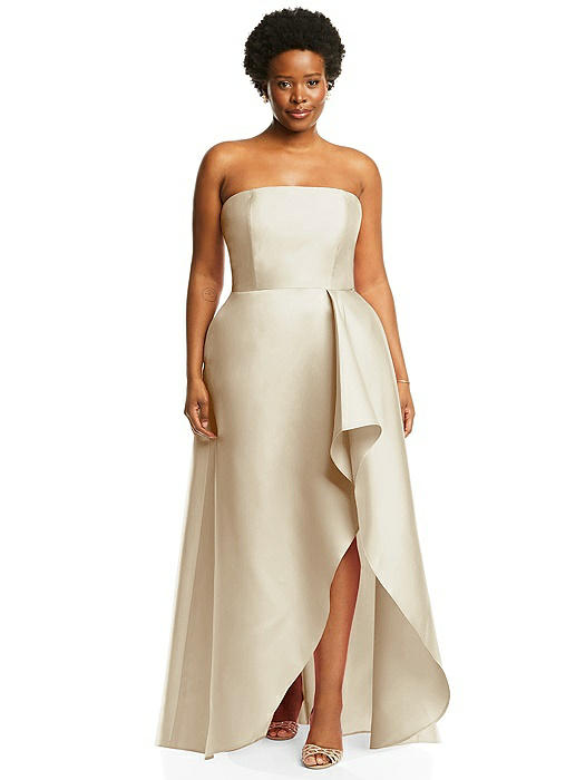 Strapless Satin Gown with Draped Front Slit and Pockets