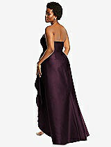 Rear View Thumbnail - Deep Plum Strapless Satin Gown with Draped Front Slit and Pockets