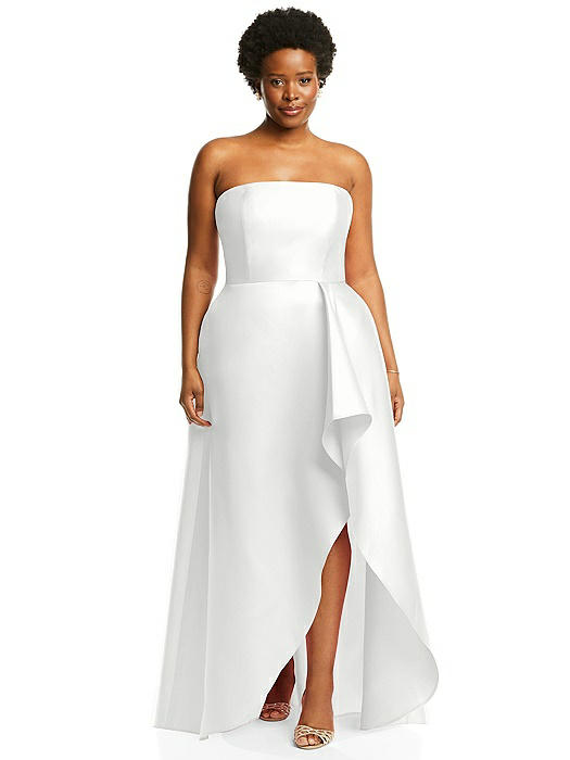 Strapless Satin Gown with Draped Front Slit and Pockets